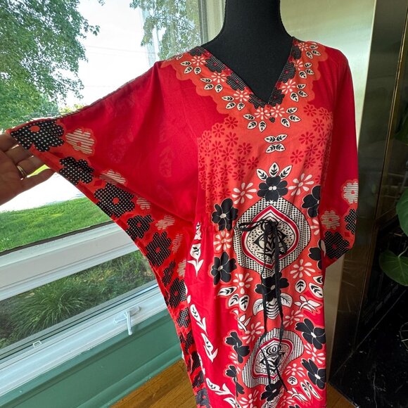 Vintage 80s muumuu, red, coral, black white floral, nylon hostess dress, cinched - Picture 2 of 9